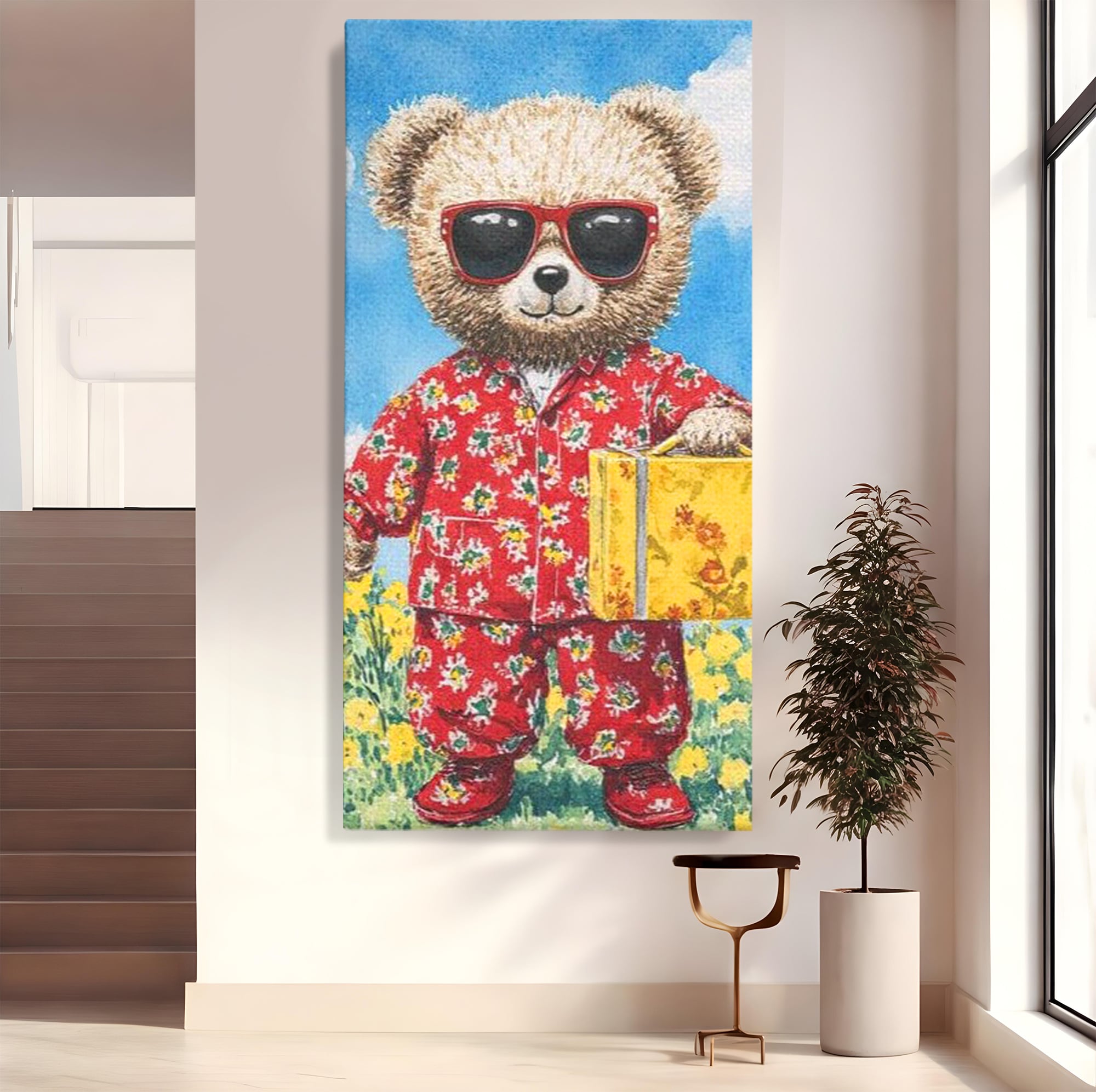 Tablou canvas cu tablou canvas cu ursulet in pijamale, fara rama, pe sasiu de lemn